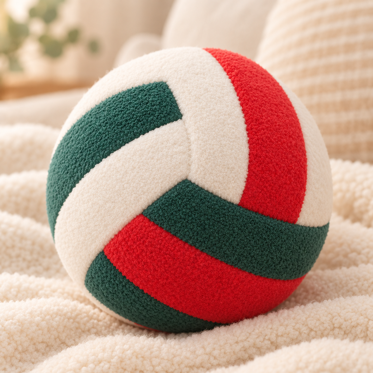 Red and green VolleyPlush plush volleyball on a cozy cream blanket